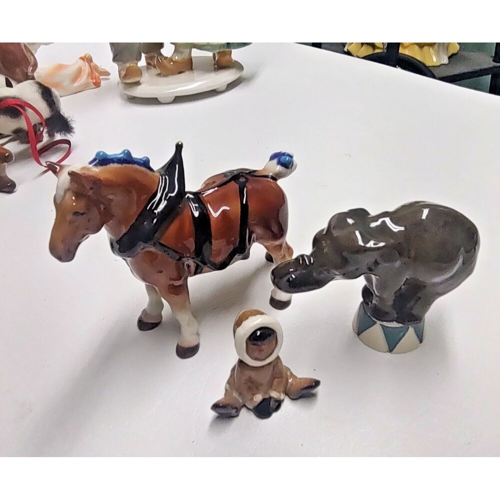 3 Vintage Hagen Renaker Draft Horse Elephant Drum Eskimo California Figurine